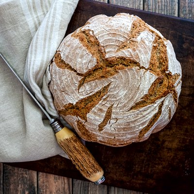 homemade loaf of bread fresh from the oven view from above