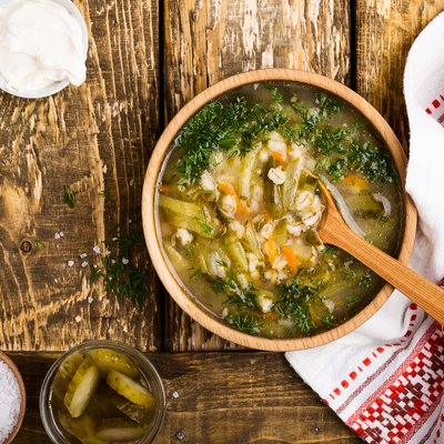 Soup with sour pickles and barley. Ukrainian cuisine