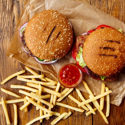 Fast food take away top view. Hamburger, hotdog and fries