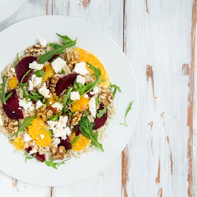 Warm Healthy brown rice, beetroot and orange salad