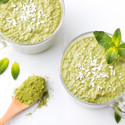 Matcha green tea chia seed pudding, dessert with coconut