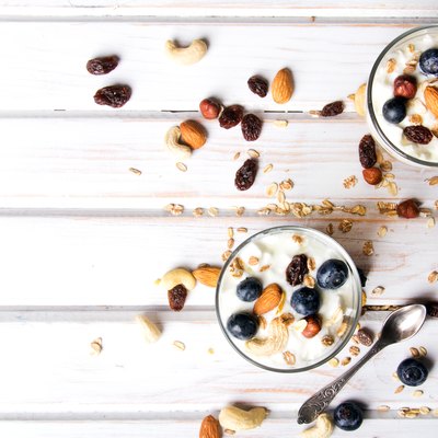 Healthy dessert with yogurt, nuts, oats and blueberries