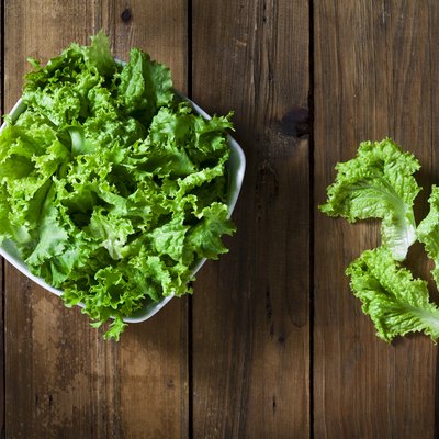 Organic lettuce bowl shot from above on rustic wood table
