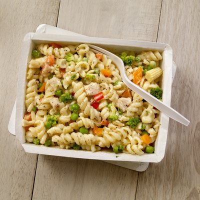 A packaged dinner of pasta primavera similar to a Jenny Craig meal option
