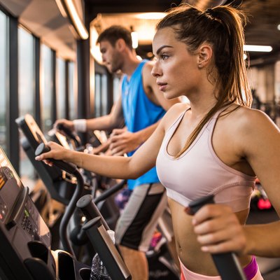 Determined woman exercising on a cross trainer in a gym