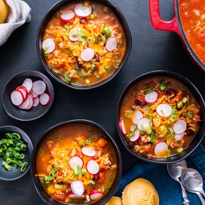 Turkey chili garnished with fresh radishes winter recipes