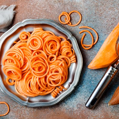 Spiralized sweet potato spaghetti. Low carb vegetable pasta cooking