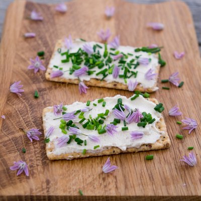 Two dairy and lactose-free vegan cream cheese spread made from cashew and macadamia nuts on crackers with fresh chopped chives and edible chive flowers on a chopping board with shallow depth of field