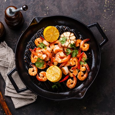 Prawns roasted on frying pan