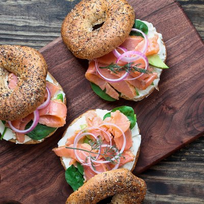 Lox - Everything bagel with smoked salmon, spinach, red onions, avocado and cream cheese
