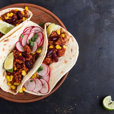 Chili con carne tacos viewed from above