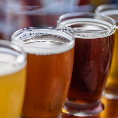 Beer flight in summer sunlight