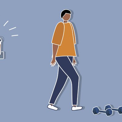 Custom graphic showing person next to weights walking away from protein shake