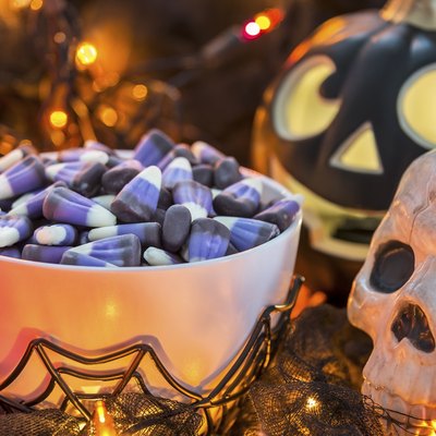 Purple candy corn in a spooky Halloween theme