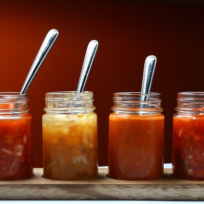 Mexican food dips and sauces in bottles
