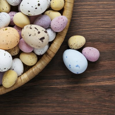 Speckled chocolate easter eggs in a basket