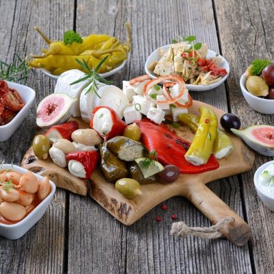 Mediterranean foods on a platter.