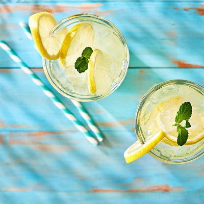 two glasses of lemonade shot from overhead