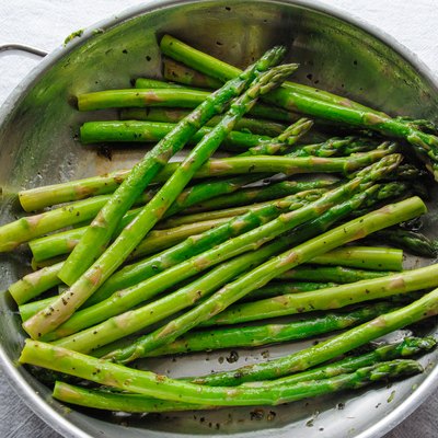 Cooked Organic Asparagus in a Frying Pan