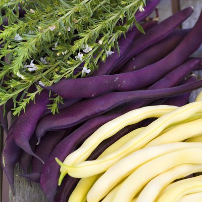 Purple and yellow beans lying on a wooden table