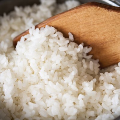 White rice in a metal pan.