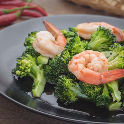 Stir fried broccoli with shrimp on plate