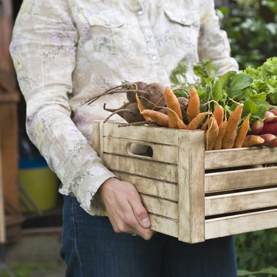 Man carrying crate of vegetables mid section
