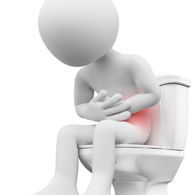 3D white people. Man with stomachache in the bathroom