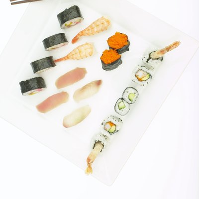 High angle view of various types of sushi rolls