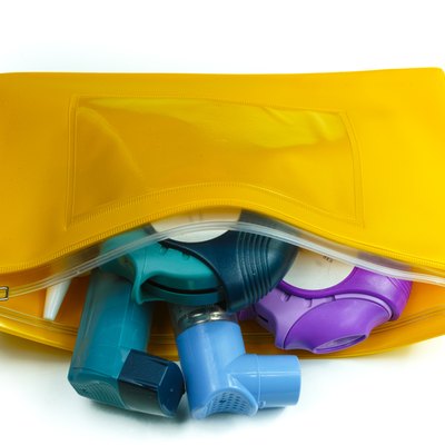 Asthma relief concept, salbutamol inhaler, another medication an