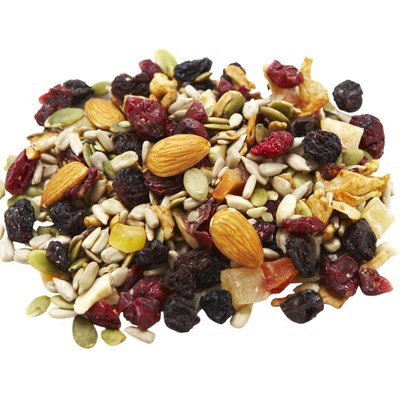 Heap of trail mix on white background