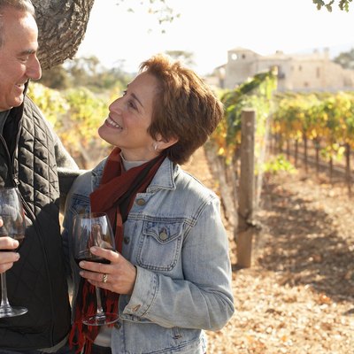 Mature couple standing in vineyard, holding glasses of red wine