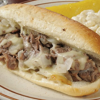 Closeup of a Philly cheese steak sandwich