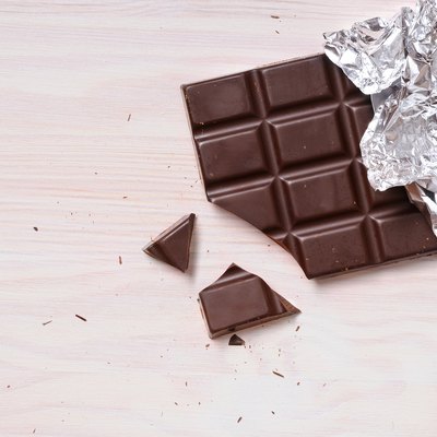 Detail of chocolate bar with silver wrapping top view