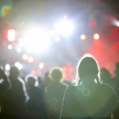 "Partygoers at nightclub, rear view"