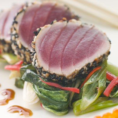 Seared Yellow Fin Tuna with Sesame Seeds Sweet Fried pac Choi and Salmon Roe