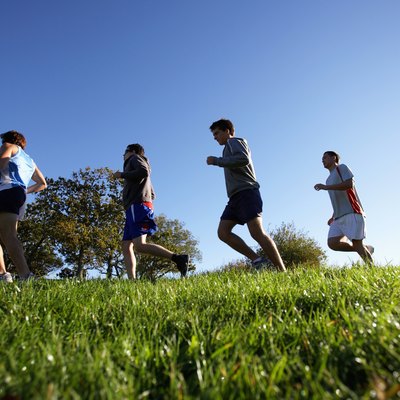 Five men jogging in park, ground view