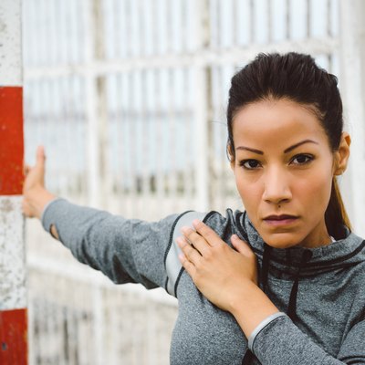 Fitness woman chest stretching workout