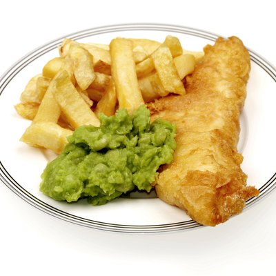 Plate of Fish and Chips With Mushy Green Peas