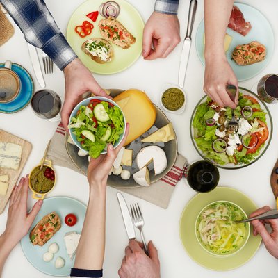 View from above the table of people eating