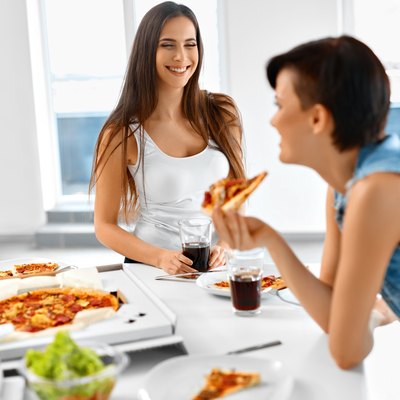 Eating Fast Food. Friends Eating Pizza. Home Party. Leisure, Celebration