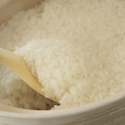 Boiled rice in crock pot, close up