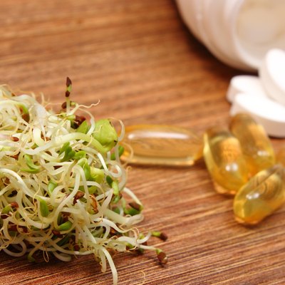 Alfalfa and radish sprouts with tablets supplements, healthy nutrition