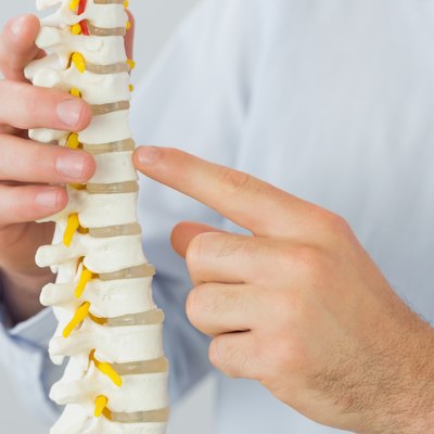 Close up of male doctors hand pointing at skeleton model