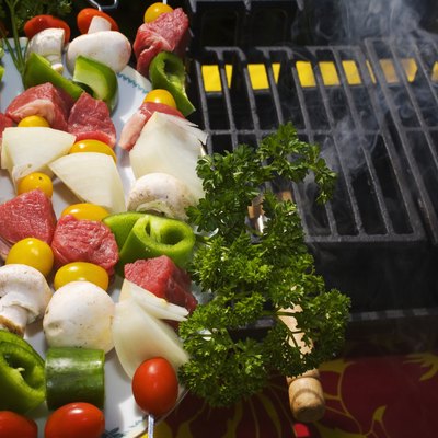 Barbecue scene, Shish kabob ready to be put on the grill.