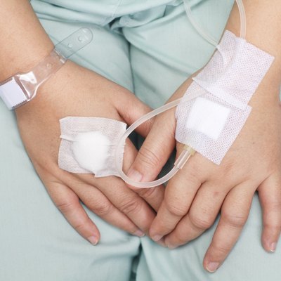 hand swollen by saline intravenous (iv).