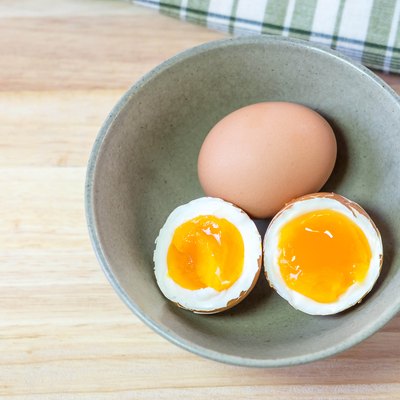 half medium-boiled eggs in Japanese Bowl