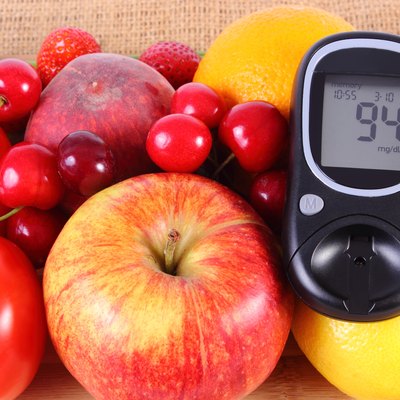 Glucometer with fruits and vegetables, healthy nutrition, diabetes