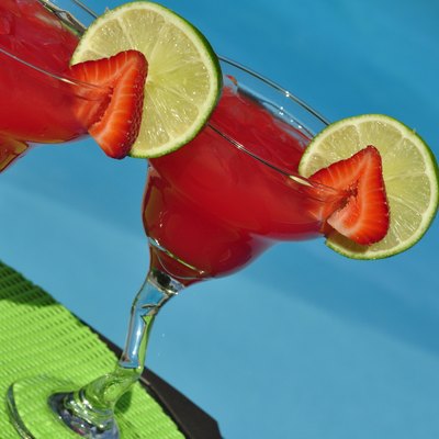 Strawberry Margaritas with Fresh Fruit Garnish Poolside