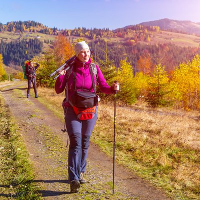 Two Hikers Walking on Pathway in Autumnal Forest